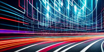 Digital data flow on road with motion blur to create vision of fast speed transfer. Concept of future digital transformation, disruptive innovation and agile business methodology. photo