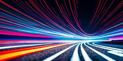 Modern abstract high-speed movement. Dynamic motion light and fast arrows moving on dark background. Futuristic, technology pattern for banner or poster design. photo