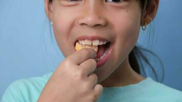 sonriente linda pequeño niña comiendo dulce gelatina con azúcar adicional aislado en azul antecedentes. niños comer azucarado dulces, causando pérdida dientes o diente decaer y insalubre oral cuidado. video