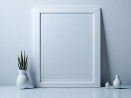 Blank photo frame mockup in white minimalistic room with copy space for artwork, photo or print presentation .