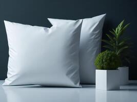 White square canvas pillow mockup on grey armchair, small cotton cushion mockup in living room interior photo