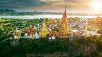 high angle view of wat tumseau one of most popular traveling destination in kanchanaburi western of thailand photo