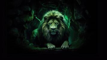 Lion lying in a dark cave with a green chroma entrance its majestic mane standing out against the white light pouring in representing strength and solitude photo