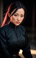 photo of beautiful woman in black ninja outfit assassin killer,