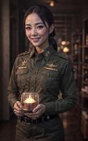 beautiful asian thai police woman at dark room, photo