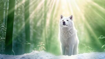 Wolf standing in a snowcovered forest illuminated by a beam of white light against a green chroma background symbolizing its resilience and adaptability in the face of adversity photo