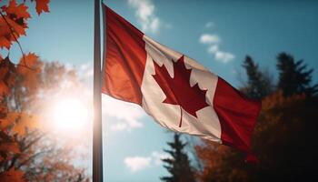 Canadian flag waving in autumn maple tree forest generated by AI photo