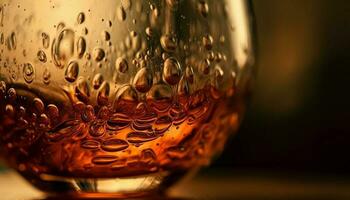 dorado líquido gotas en whisky vaso reflexión generado por ai foto