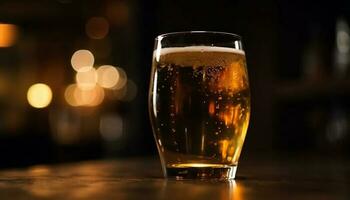 Frothy beer in pint glass on wooden table generated by AI photo