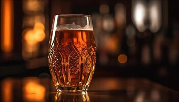 Luxury bar counter reflects illuminated gold celebration generated by AI photo