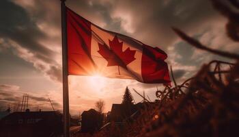 puesta de sol terminado canadiense paisaje, bandera ondulación con orgullo generado por ai foto