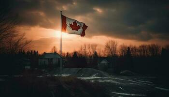 canadiense bandera retroiluminado por majestuoso invierno puesta de sol generado por ai foto