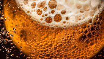 Frothy beer bubbles in gold pint glass generated by AI photo