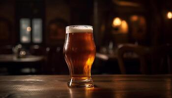 Frothy beer in pint glass on wooden table generated by AI photo