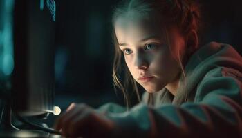 joven niña sonriente, mirando a cámara adentro generado por ai foto