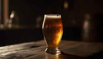 Frothy beer in pint glass on wooden table generated by AI photo