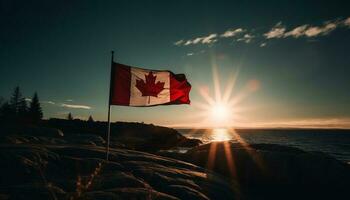 Canadian flag waving on majestic coastline cliff generated by AI photo
