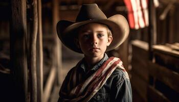 Young cowboy exudes confidence in rural beauty generated by AI photo