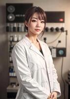 photo of beautiful asian woman in white lab coat,