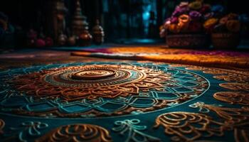 Ornate rug in ancient Indian architecture design generated by AI photo