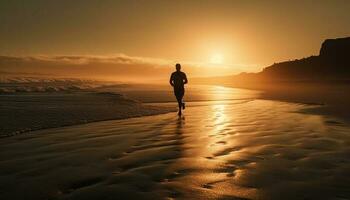Silhouette of athlete jogging on tranquil coastline generated by AI photo