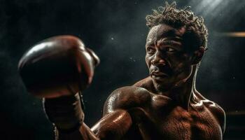 Muscular athlete sweating, determined to win fight generated by AI photo