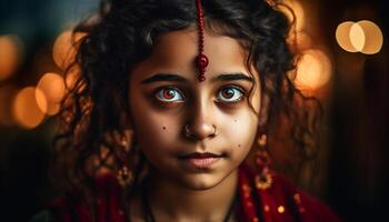 linda indio niña sonriente, celebrando hinduismo al aire libre generado por ai foto