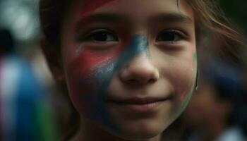 linda niña con cara pintar muestra patriotismo al aire libre generado por ai foto