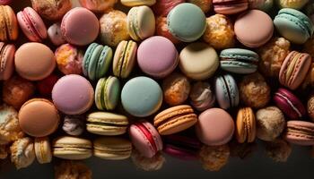 Multi colored macaroons stacked high, a gourmet indulgence generated by AI photo