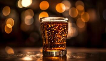 Frothy beer in pint glass at bar generated by AI photo