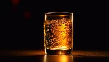 Golden whiskey drop in glass with ice generated by AI photo