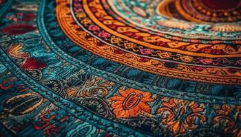 vibrante colores de un antiguo pasado de moda labor de retazos alfombra generado por ai foto
