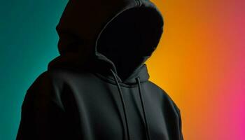 Hooded thief in black silhouette, danger lurking generated by AI photo