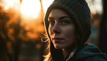 One young woman smiling, looking at sunset generated by AI photo