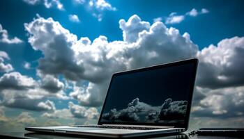 Wireless laptop connects to cloud in sky generated by AI photo