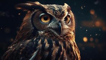 Great horned owl staring, wisdom in eyes generated by AI photo