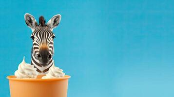 Zebra enjoying a striped ice cream sundae visually representing the delightful combination of flavors and colors found in a delicious dessert photo