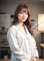 foto de hermosa asiático mujer en blanco laboratorio abrigo, generativo ai