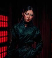 photo of beautiful woman in black ninja outfit assassin killer,