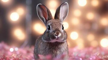 An adorable rabbit captured with the bokeh technique with soft and dreamy blurred lights in the background creating a serene and whimsical atmosphere for a home environment photo