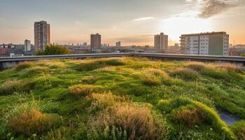 puesta de sol terminado paisaje urbano, rascacielos y naturaleza belleza generado por ai foto