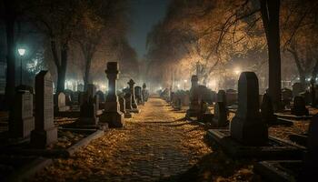 escalofriante lápida sepulcral en oscuro otoño bosque a oscuridad generado por ai foto