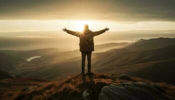 Standing on mountain peak, arms raised in success generated by AI photo