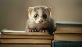 Curious young ferret studying literature indoors generated by AI photo