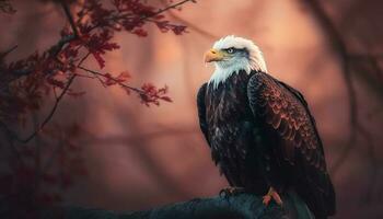 majestuoso calvo águila encaramado en árbol rama generado por ai foto