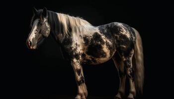 Black stallion grazing in rural meadow pasture generated by AI photo