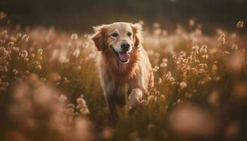 Golden retriever puppy playing in sunny meadow generated by AI photo