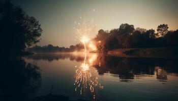 Sunset over the tranquil pond, nature beauty illuminated generated by AI photo