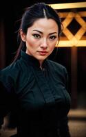 photo of beautiful woman in black ninja outfit assassin killer,