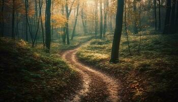 Autumn footpath winds through tranquil forest meadow generated by AI photo